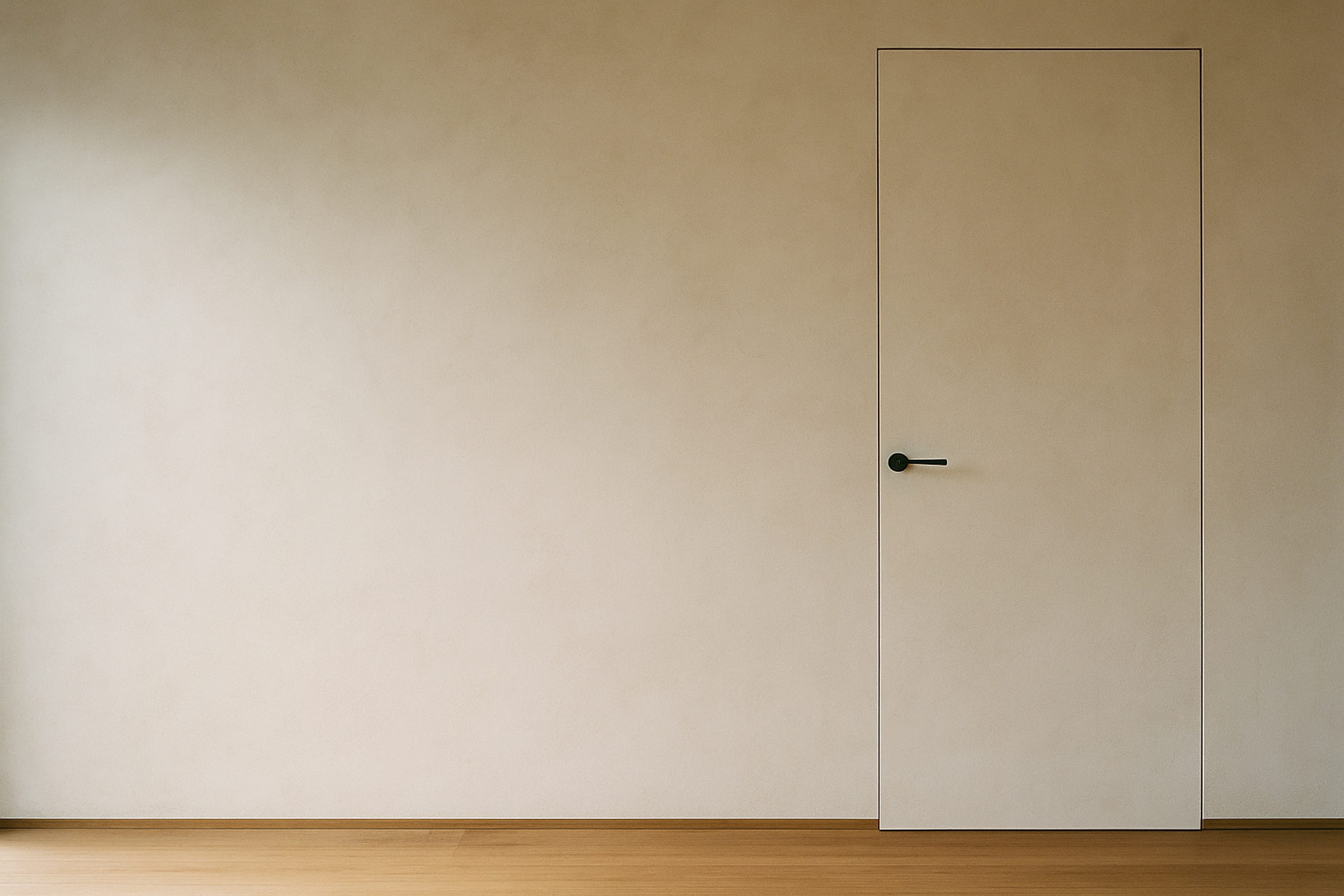 Vrata u ravnini zida u minimalističkom interijeru, jedva vidljiva