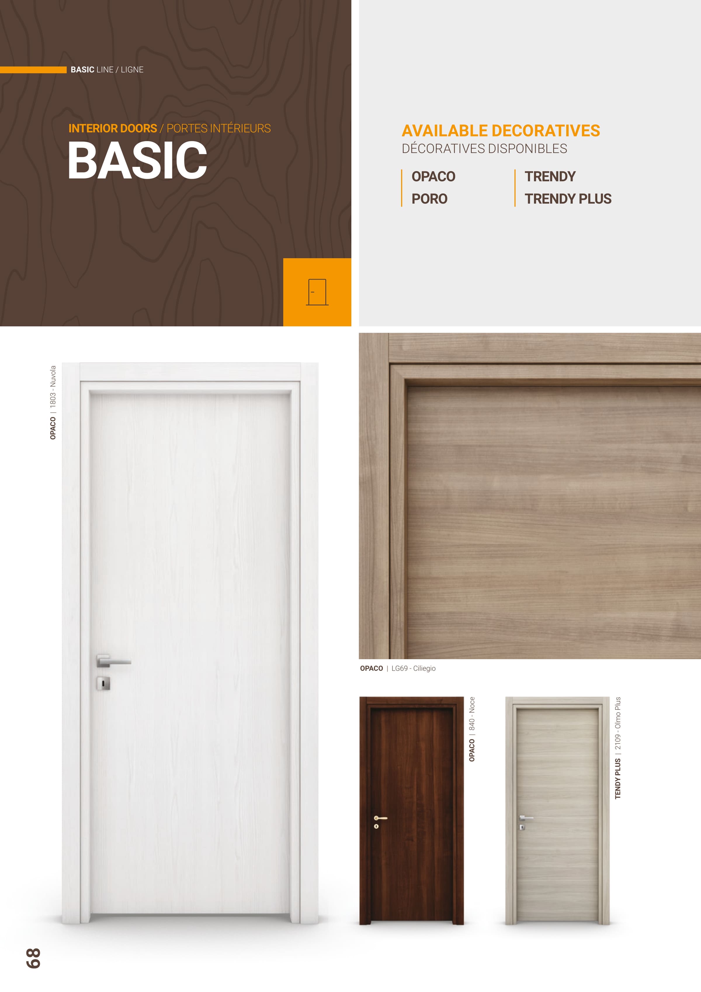 Braga katalog, stranica 68: linija Basic, popis dostupnih dekora i vrata u dekorima Nuvola, Ciliegio, Noce i Olmo Plus