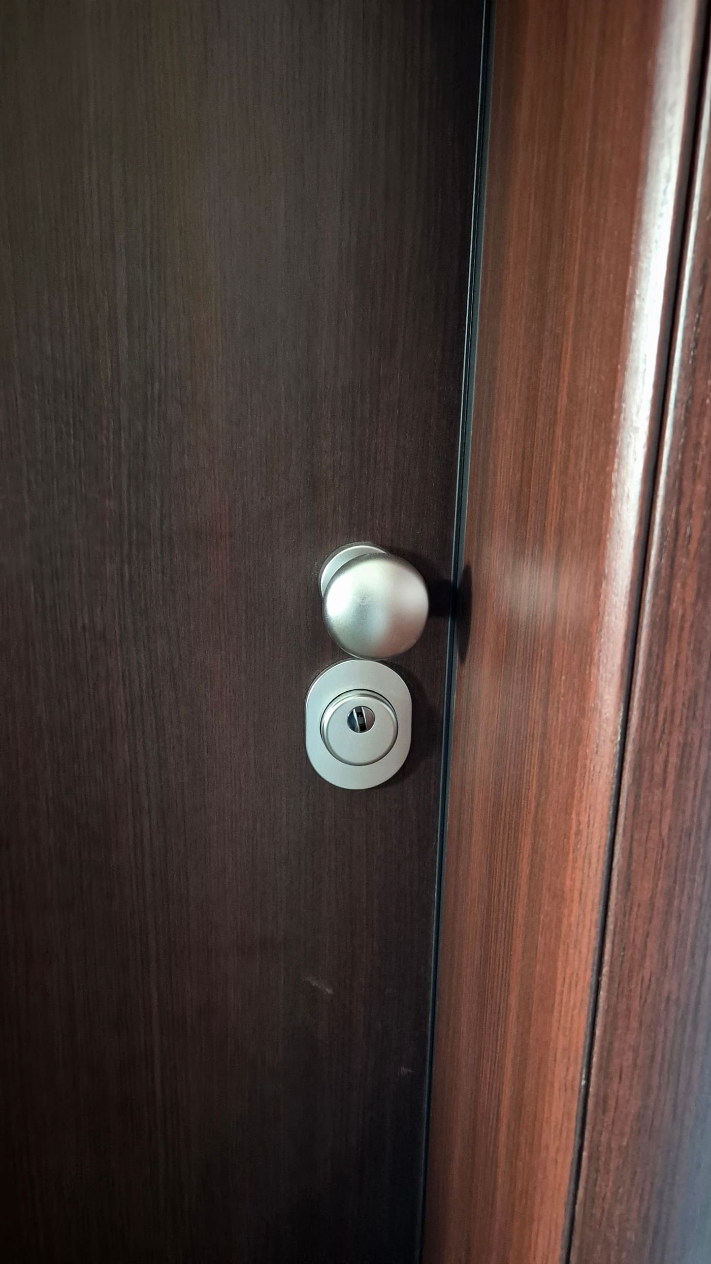 Detalj kvake i cilindra na protuprovalnim vratima u dekoru oraha
