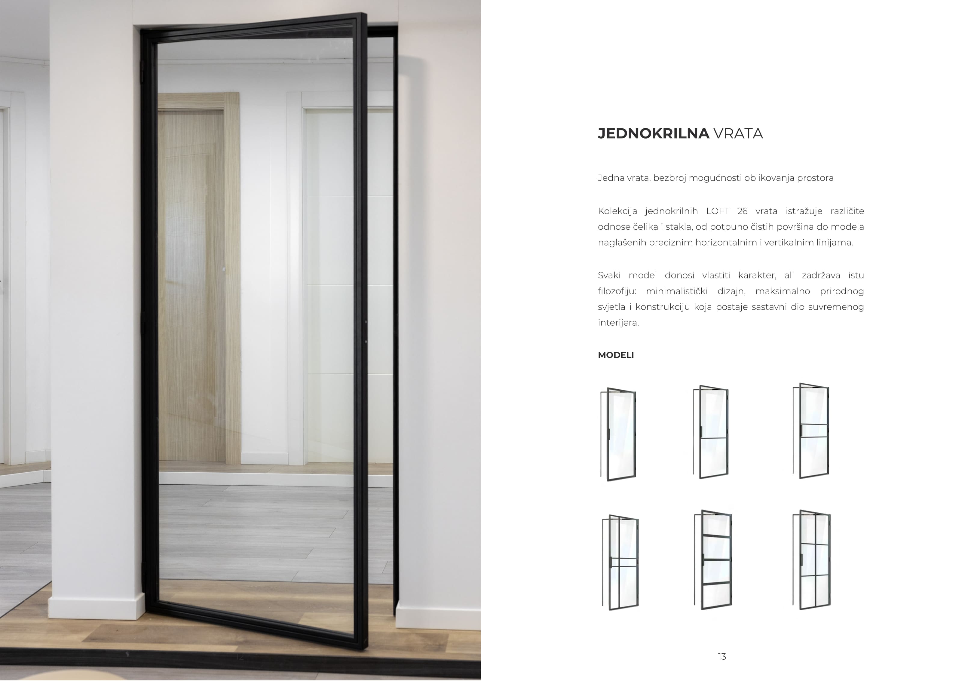 Katalog, stranica 7: jednokrilna čelično staklena vrata u svijetlom prostoru i opis jednokrilnih vrata sa šest modela