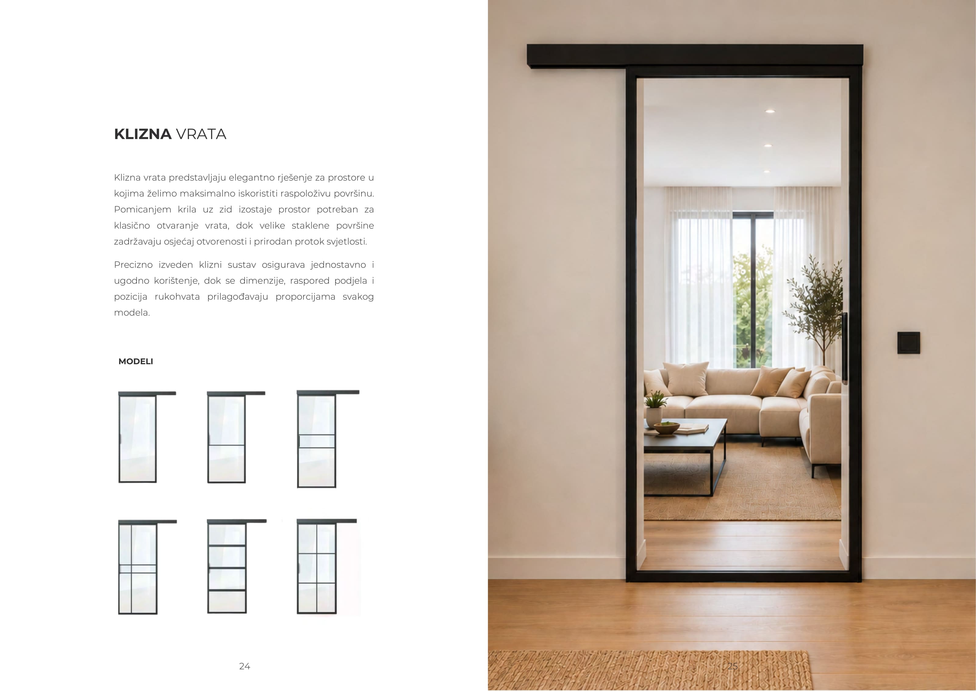 Katalog, stranica 13: opis kliznih vrata sa šest modela i klizna vrata prema dnevnom boravku